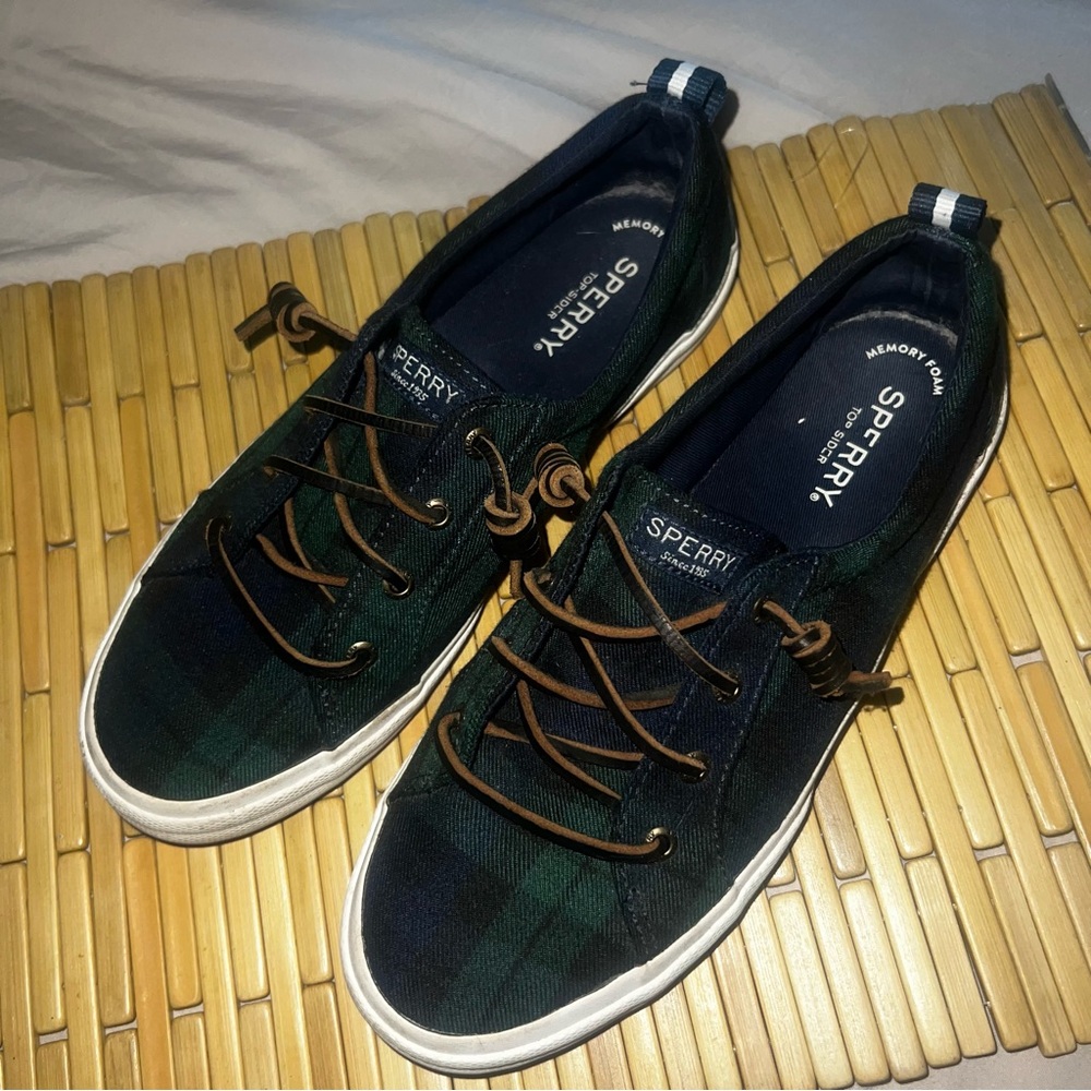 Sperry Green and Blue Plaid Shoes with Brown Laces